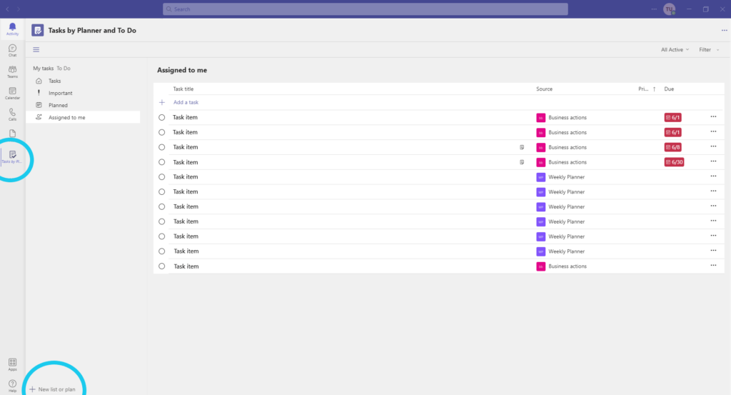 Microsoft Teams task list view highlighting the task feature