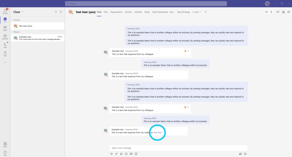 chat showing a link to another user for their attention